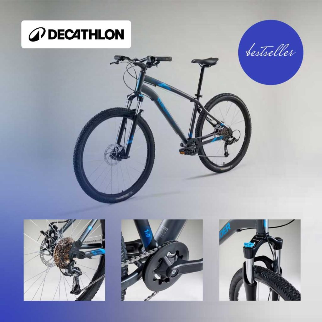 Horský bicykel MTB ST 120 BLACK BLUE 27,5″. Zdroj: Decathlon.